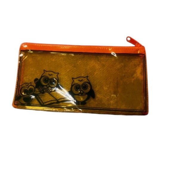 Transparent Yellow Owl-Print Pencil Case With Orange Zipper Closure - Picture 1 of 2